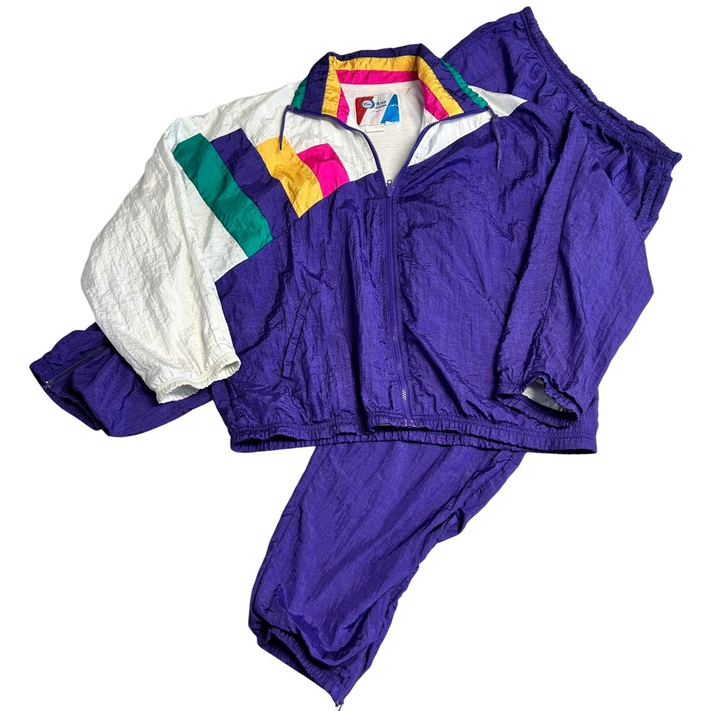 Vintage Pan Asia Tracksuit 2pc Set Purple Colorblock Windbreaker Pants Mens M